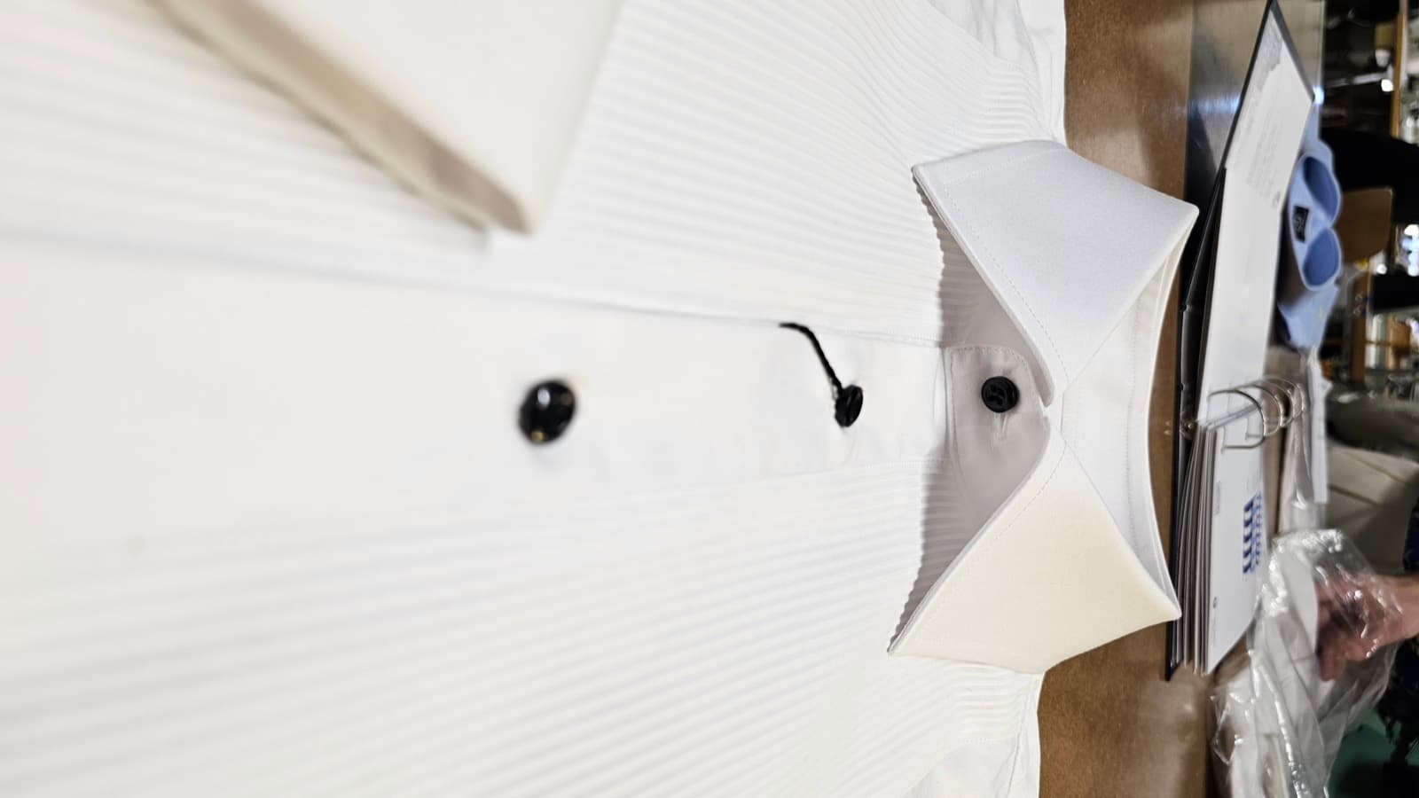 Evening shirt collar with black stud, pleated bib